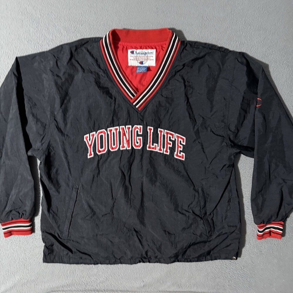 Vintage 90s Young Life Champion V-Neck Ringer Windbreaker Jacket Christ Ministry